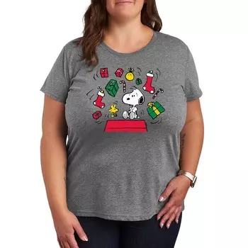 Футболка больших размеров с рисунком Peanuts Snoopy & Woodstock Christmas Presents Licensed Character, цвет Heather Gray