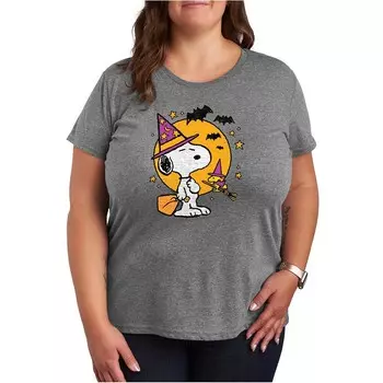 Футболка больших размеров с рисунком Peanuts Snoopy & Woodstock Witchcraft Licensed Character, цвет Heather Gray