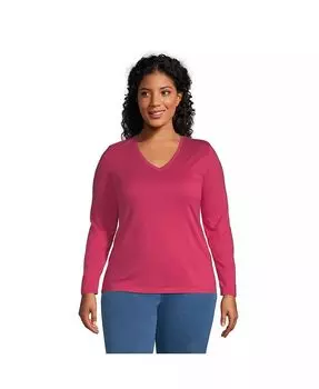 Футболка большого размера с длинным рукавом и V-образным вырезом из хлопка Supima, свободная Lands' End, черный