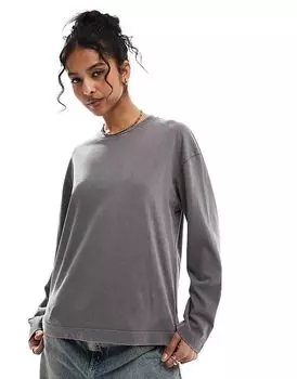 Футболка большого размера с длинными рукавами темно-серого цвета Pull&Bear