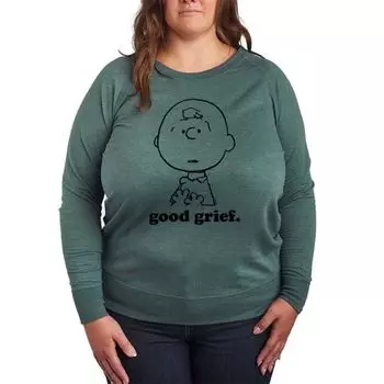 Футболка большого размера с длинными рукавами из французского трикотажа "Peanuts Charlie Brown Good Gright Face" Licensed Character, зеленый