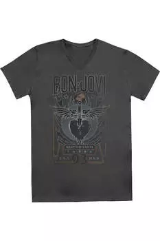 Футболка Bon Jovi Keep The Faith с коротким рукавом и V-образным вырезом для взрослых из премиального хлопка Gildan, цвет charcoal