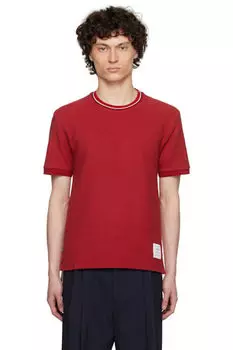 Футболка бордового цвета с короткими рукавами и манжетами в рубчик Thom Browne