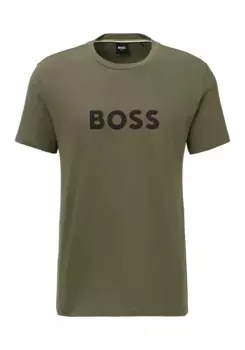 Футболка BOSS "T-Shirt RN", с крупным логотипом BOSS, круглый вырез, бежевый