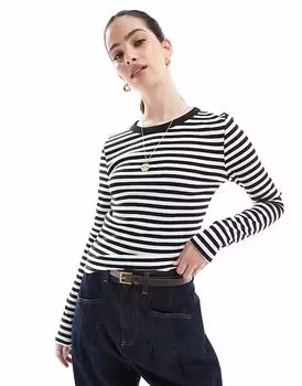 Футболка Calvin Klein Jeans с длинными рукавами и тканой полоской в рубчик белого и черного цветов