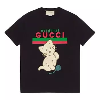 Футболка cat alphabet cartoon round neck pullover short sleeve black Gucci, черный