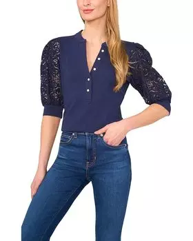 Футболка CeCe Elbow Puff Sleeve Henley Mixed Media Tee, цвет Classic Navy