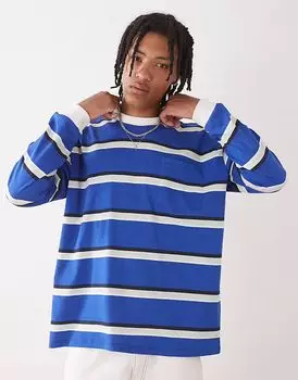 Футболка COLLUSION с длинными рукавами в полоску синего цвета с нагрудным карманом