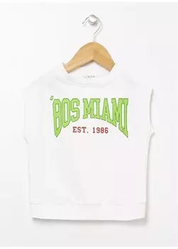 Футболка цвета экрю для девочек со стандартным узором и круглым вырезом - Bsc Girl 07 Limon, экрю