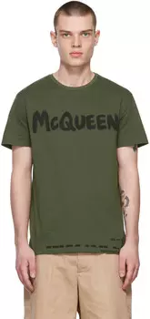 Футболка цвета хаки с граффити Alexander McQueen