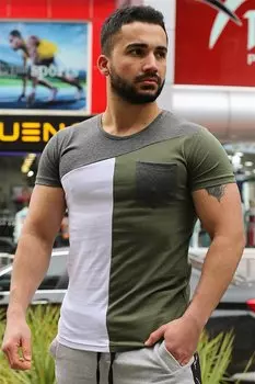 Футболка цвета хаки с круглым вырезом и карманами 3015 MADMEXT