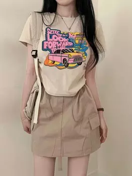 Футболка DAZY Car & Letter Printed, бежевый