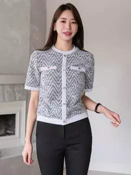 Футболка DAZY, колор блок «елочка», круглый вырез, трикотажная, короткие рукава, черный и белый