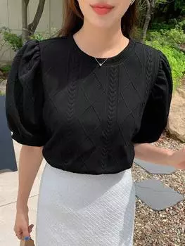 Футболка DAZY, однотонная, рукава-фонарики, черный цвет