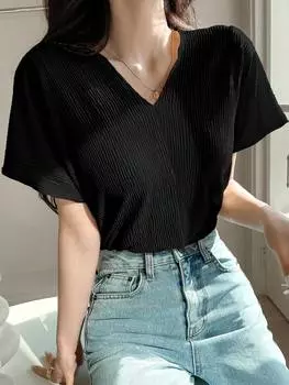 Футболка DAZY, однотонная, V-образный вырез, рукава «летучая мышь», трикотаж, черный цвет