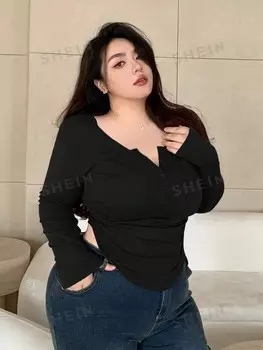 Футболка Dazy Plus больших размеров, однотонная, с кнопками, облегающего кроя, с длинными рукавами Dazy, черный