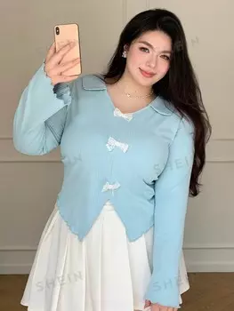 Футболка Dazy Plus с галстуком-бабочкой, воротником и длинными рукавами, декорирована для женщин больших размеров. На весну/лето Dazy, синий