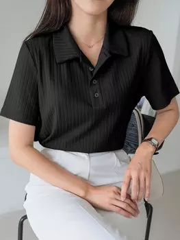 Футболка DAZY, трикотаж в рубчик, воротник-поло, черный цвет