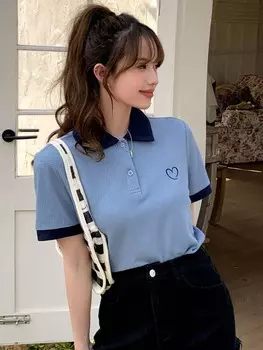 Футболка DAZY, вышитое сердце, контрастная кайма, воротник-поло, цвет синий