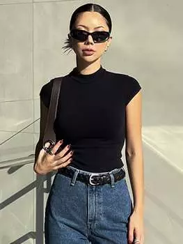 Футболка DAZY, высокий воротник, трикотаж в рубчик, черный цвет