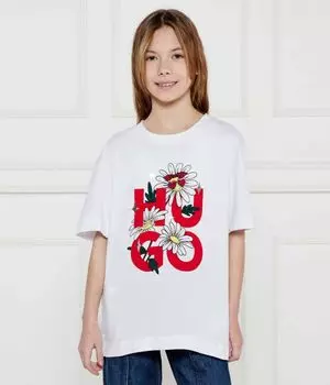 Футболка детская Hugo Kids с цветами и логотипом, белый