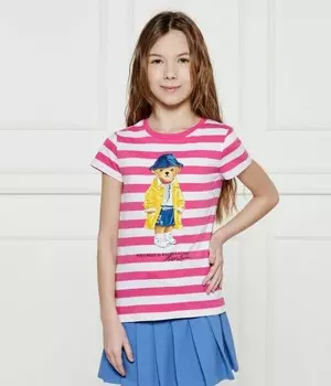 Футболка детская Polo Ralph Lauren в полоску с принтом медведя, розовый