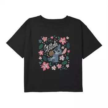 Футболка Disney's Lilo & Stitch для девочек 7–16 лет с цветочным принтом и кокосовым портретом Licensed Character, черный