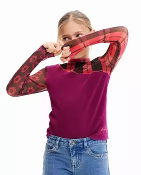 Футболка для девочек из тюля в рубчик с нашивкой Desigual, красный