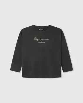 Футболка для девочек с длинными рукавами и логотипом из стразов Pepe Jeans, черный