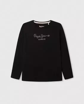 Футболка для девочек с длинными рукавами и логотипом из стразов Pepe Jeans, черный