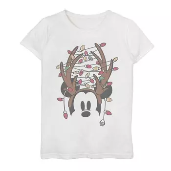Футболка для девочек с рогами Микки Мауса и рождественскими гирляндами Disney's, белый