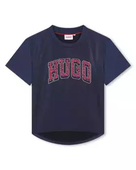 Футболка для девочки из блестящей ткани с короткими рукавами Hugo, темно-синий