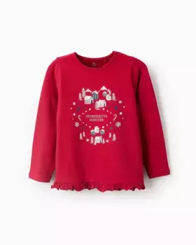 Футболка для девочки с блестящим принтом и рюшами Zippy, красный