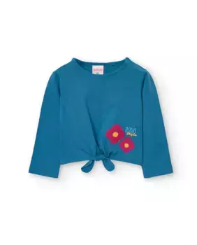 Футболка для девочки с декоративным узлом и цветочной деталью Boboli, индиго/синий