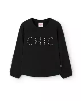 Футболка для девочки с декоративным жемчугом и круглым вырезом Boboli, черный