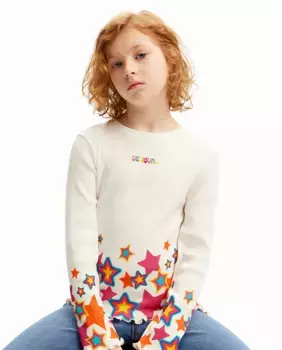 Футболка для девочки с длинными рукавами и звездочками внизу Desigual, белый