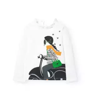 Футболка для девочки с длинными рукавами и рисунком спереди Boboli, белый