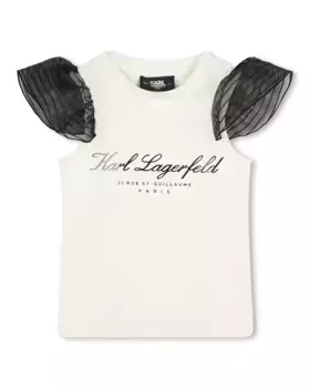 Футболка для девочки с контрастными рукавами из органзы Karl Lagerfeld Kids, цвет Natural