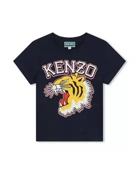 Футболка для девочки с коротким рукавом и рисунком спереди Kenzo Kids, темно-синий