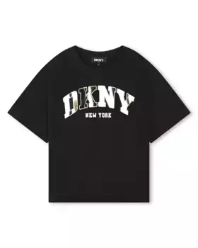 Футболка для девочки с короткими рукавами и металлизированным логотипом DKNY, черный