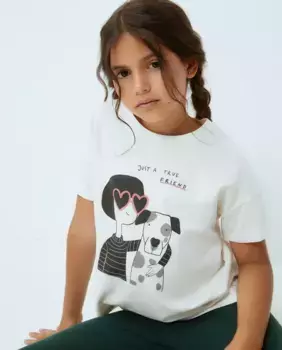 Футболка для девочки с короткими рукавами с позиционным принтом и водным принтом кукол Kids El Corte Ingls, цвет Blanco roto