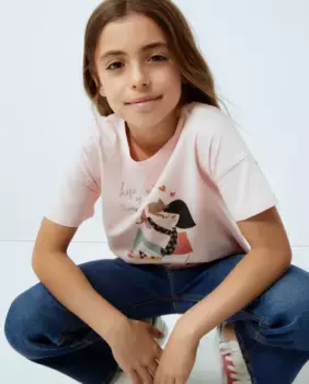 Футболка для девочки с короткими рукавами с позиционным принтом и водным принтом кукол Kids El Corte Ingls, светло-розовый