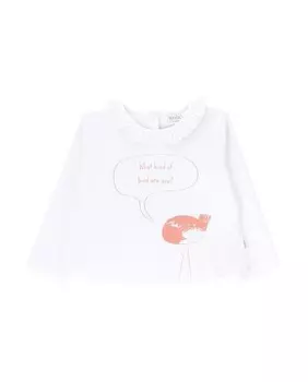 Футболка для девочки с рисунком спереди и рюшами на шее Knot, белый