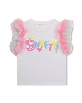 Футболка для девочки с тюлевыми рукавами и аппликацией из пайеток Billieblush, белый