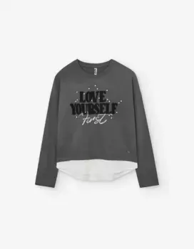 Футболка для девочки с жемчугом и рельефными деталями Losan, темно-серый