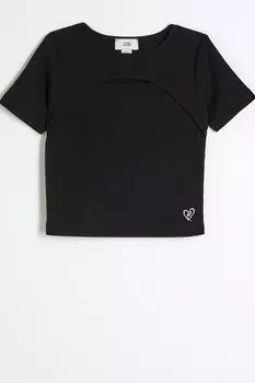 Футболка для девочки в рубчик с вырезами River Island, черный