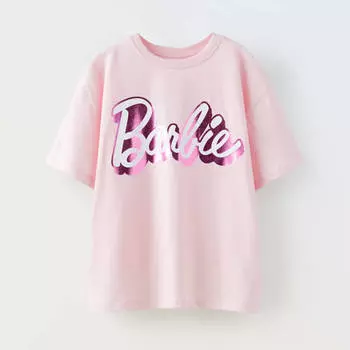 Футболка для девочки Zara Barbie Mattel Foil, пастельно-розовый