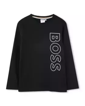 Футболка для мальчика из 100% хлопка с вертикальным логотипом BOSS Kidswear, черный