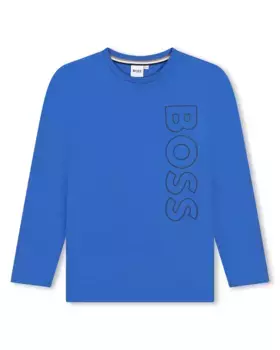 Футболка для мальчика из 100% хлопка с вертикальным логотипом BOSS Kidswear, цвет Azul ndigo