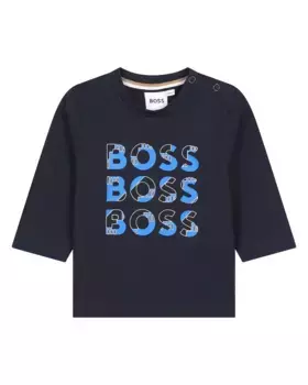 Футболка для мальчика из 100% хлопка с мультилоготипом BOSS Kidswear, темно-синий